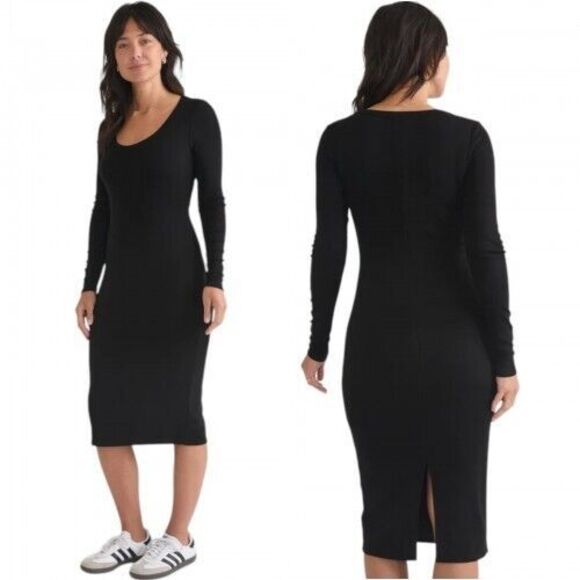 Marine Layer Lexi Rib Long Sleeve Midi Dress Black Size Medium - Picture 1 of 16